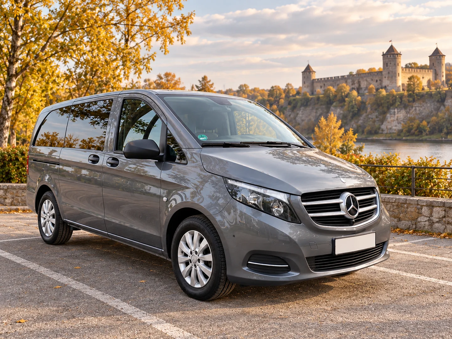 Серый Mercedes-Benz Vito W447 в осеннем пейзаже — иллюстрация направления в Ивангород