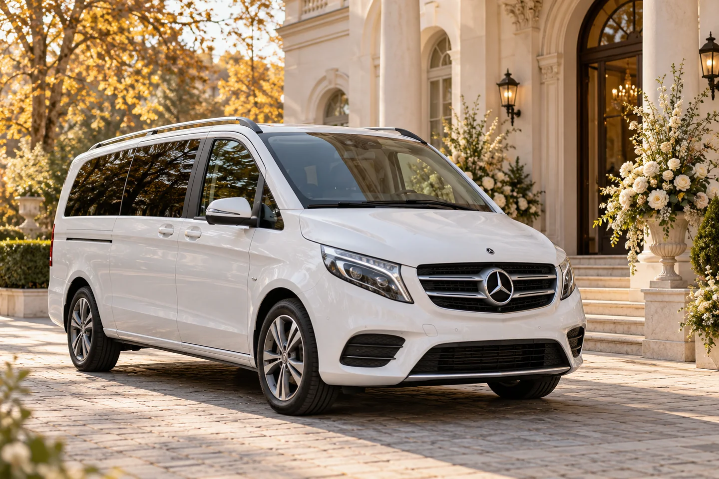 Белый пассажирский минивэн Mercedes-Benz у входа с цветочным оформлением